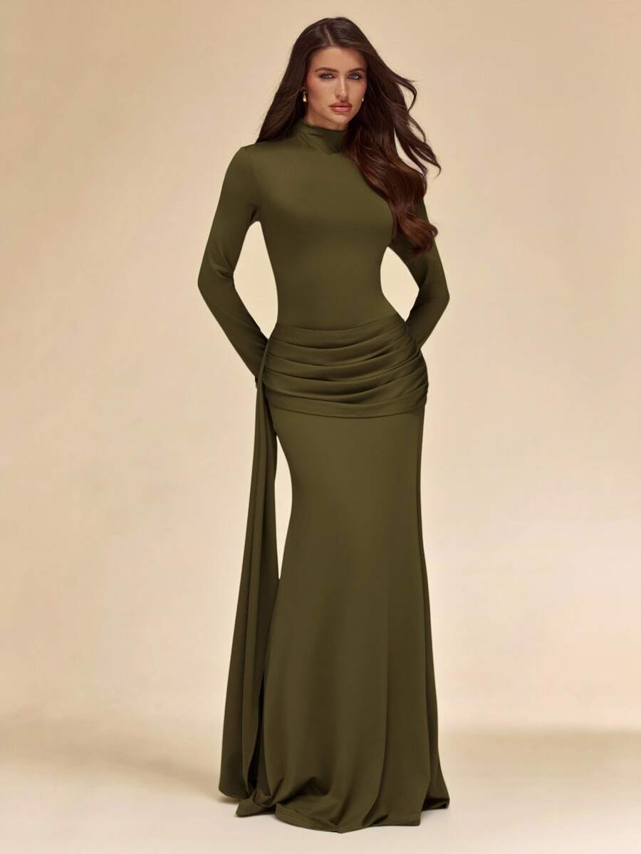 SHEIN BAE Gaun Rajut Slim Fit Lengan Panjang Warna Hijau Zaitun Polos untuk Musim Gugur/Dingin - Hijau Tentara - View 1