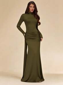 SHEIN BAE Gaun Rajut Slim Fit Lengan Panjang Warna Hijau Zaitun Polos untuk Musim Gugur/Dingin - Hijau Tentara - View 3