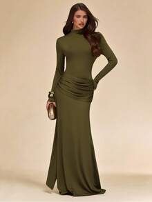 SHEIN BAE Gaun Rajut Slim Fit Lengan Panjang Warna Hijau Zaitun Polos untuk Musim Gugur/Dingin - Hijau Tentara - View 5
