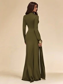 SHEIN BAE Gaun Rajut Slim Fit Lengan Panjang Warna Hijau Zaitun Polos untuk Musim Gugur/Dingin - Hijau Tentara - View 2