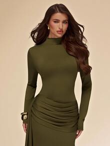 SHEIN BAE Gaun Rajut Slim Fit Lengan Panjang Warna Hijau Zaitun Polos untuk Musim Gugur/Dingin - Hijau Tentara - View 7