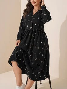 Comfylo 大尺碼紋理花卉印花長袖休閒傳統度假洋裝 約會之夜 正式黑色 秋冬款 - 黑色 - 查看 5