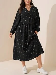 Comfylo 大尺碼紋理花卉印花長袖休閒傳統度假洋裝 約會之夜 正式黑色 秋冬款 - 黑色 - 查看 3
