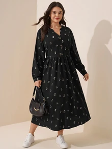 Comfylo 大尺碼紋理花卉印花長袖休閒傳統度假洋裝 約會之夜 正式黑色 秋冬款 - 黑色 - 查看 7