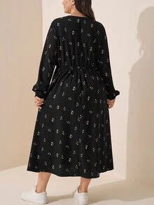 Comfylo 大尺碼紋理花卉印花長袖休閒傳統度假洋裝 約會之夜 正式黑色 秋冬款 - 黑色 - 查看 2