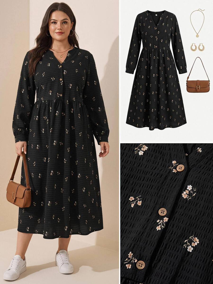 Comfylo Plus Size Textured Floral Print Long Sleeve Casual Traditional Vacation Dress Date Night Formal Black Autumn Fall - Black - View 1