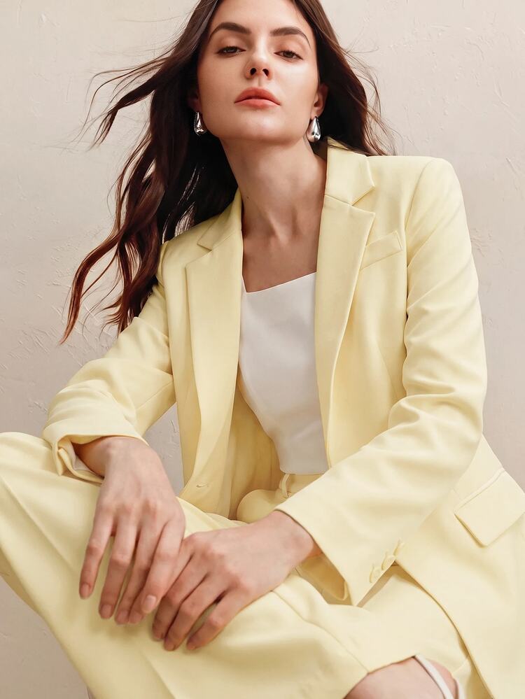 Anewsta Essential Women's Solid Color Long Sleeve Jacket And Pants Suit Set - Yellow - View 5