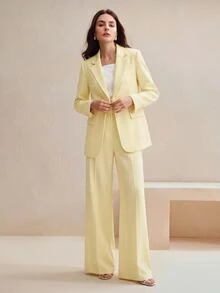Anewsta Essential 女款純色長袖夾克與長褲套裝 - 黃色 - 查看 6