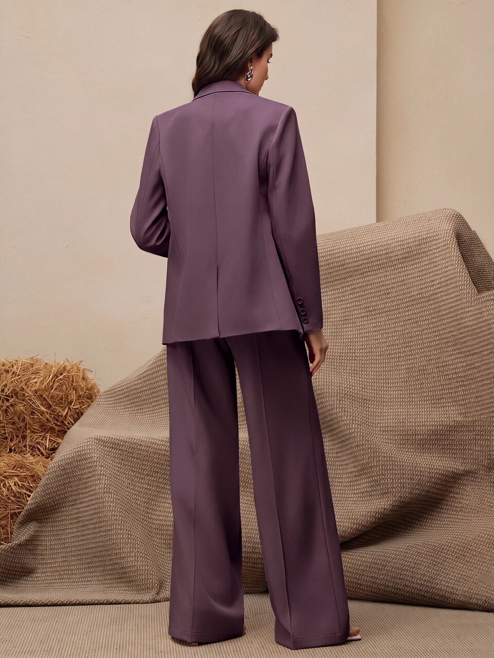 Anewsta Women's Lapel Neck Long Sleeve Jacket And Pants Suit Set, Old Money Style, Maillard Color Palette