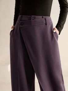 Anewsta Essential Women's New Professional Commute Minimalist Versatile Design Asymmetrical Patch High Waist Draped Straight Leg Long Pants - Dusty Purple - View 5