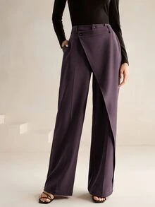 Anewsta Essential Women's New Professional Commute Minimalist Versatile Design Asymmetrical Patch High Waist Draped Straight Leg Long Pants - Dusty Purple - View 3