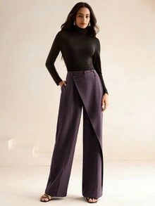 Anewsta Essential Women's New Professional Commute Minimalist Versatile Design Asymmetrical Patch High Waist Draped Straight Leg Long Pants - Dusty Purple - View 2