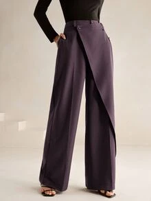 Anewsta Essential Women's New Professional Commute Minimalist Versatile Design Asymmetrical Patch High Waist Draped Straight Leg Long Pants - Dusty Purple - View 4