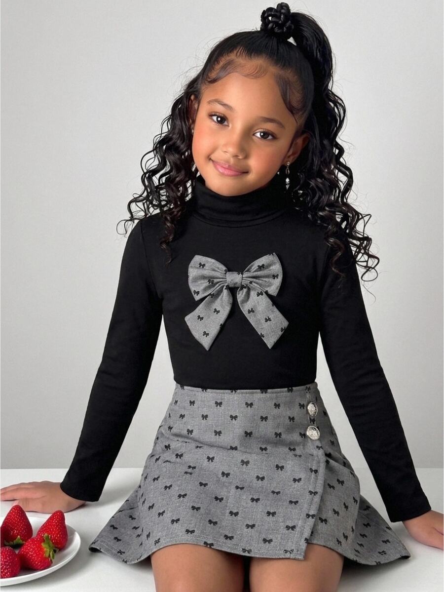 女童小女孩黑色針織長袖T恤 + 灰色蝴蝶結裝飾鬆緊腰裙,返校節慶套裝,萬聖節秋冬穿搭 - 灰色 - 查看 1