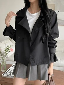 DAZY 女士纯色双排扣长袖休闲风衣女夹克，秋季女装 - 黑色 - 查看 7
