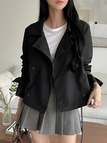 DAZY 女士纯色双排扣长袖休闲风衣女夹克，秋季女装 - 黑色 - 查看 4
