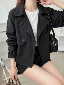 DAZY 女士纯色双排扣长袖休闲风衣女夹克，秋季女装 - 黑色 - 查看 8