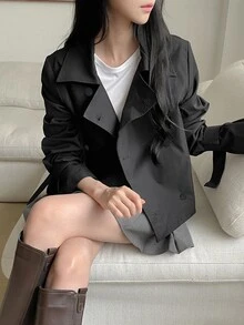 DAZY 女士纯色双排扣长袖休闲风衣女夹克，秋季女装 - 黑色 - 查看 6