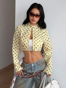 Coolane 女款秋冬街頭風 Rave Hippie 運動休閒 Y2K 基本款舒適拉鍊黃色波點修身短版長袖外套 - 黃色 - 查看 2