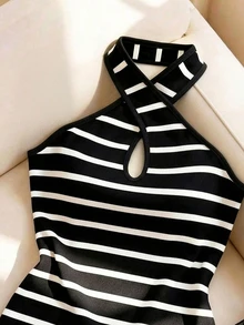 SHEIN Franclia 女款夏季法式風格海濱性感黑白條紋交叉細肩帶背心，彈性針織修身無袖坦克背心，沙灘穿搭 - 黑色 - 查看 3
