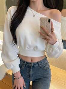 DAZY 女式不对称领口长袖运动衫、长袖上衣、返校服、秋季女装 - 白色 - 查看 9