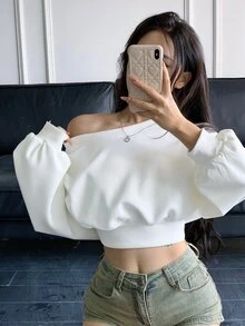 DAZY 女式不对称领口长袖运动衫、长袖上衣、返校服、秋季女装 - 白色 - 查看 4