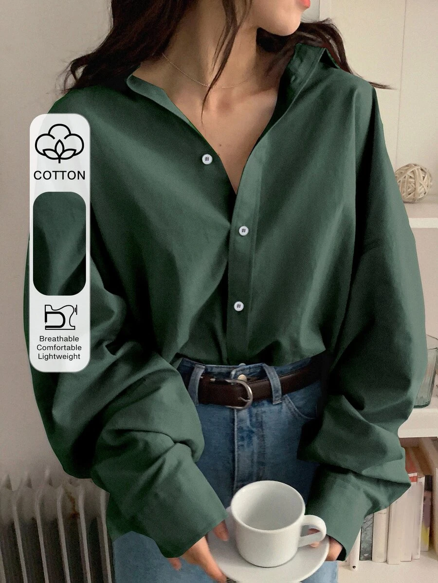 DAZY Women's Solid Color Long Sleeve Single-Breasted Loose Business Casual Shirt,Fall Clothes - Dark Green - View 1