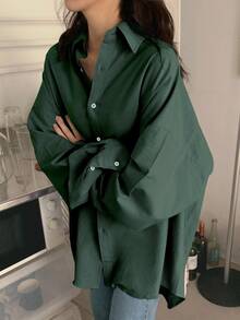 DAZY Women's Solid Color Long Sleeve Single-Breasted Loose Business Casual Shirt,Fall Clothes - Dark Green - View 4