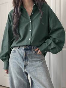 DAZY Women's Solid Color Long Sleeve Single-Breasted Loose Business Casual Shirt,Fall Clothes - Dark Green - View 6
