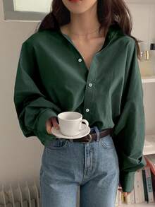 DAZY Women's Solid Color Long Sleeve Single-Breasted Loose Business Casual Shirt,Fall Clothes - Dark Green - View 2