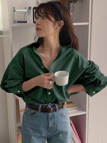 DAZY Women's Solid Color Long Sleeve Single-Breasted Loose Business Casual Shirt,Fall Clothes - Dark Green - View 7