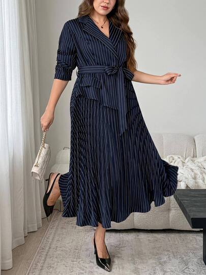 Easowa Curve Plus Size Women's Striped Waist Knot Casual Party Dress Fall