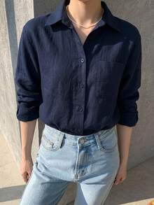 Livesso Women's Solid Color Casual Versatile Loose Long Sleeve Collared Pocket Shirt, Spring/Summer Fall Tops School - Navy Blue - View 7