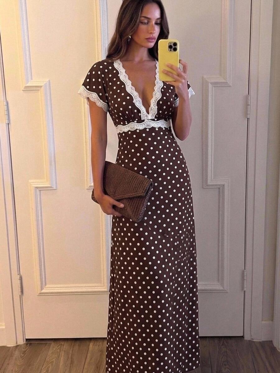 Aloruh Women's Autumn/Winter Polka Dot Print Lace Patchwork Extra Long A-Line Dress - Brown - View 1