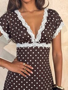 Aloruh Women's Autumn/Winter Polka Dot Print Lace Patchwork Extra Long A-Line Dress - Brown - View 5