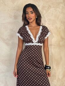 Aloruh Women's Autumn/Winter Polka Dot Print Lace Patchwork Extra Long A-Line Dress - Brown - View 4