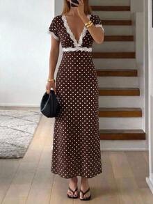 Aloruh Women's Autumn/Winter Polka Dot Print Lace Patchwork Extra Long A-Line Dress - Brown - View 10