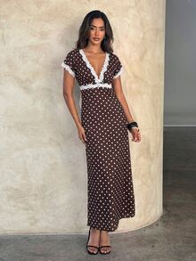 Aloruh Women's Autumn/Winter Polka Dot Print Lace Patchwork Extra Long A-Line Dress - Brown - View 3
