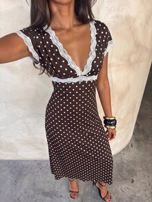 Aloruh Women's Autumn/Winter Polka Dot Print Lace Patchwork Extra Long A-Line Dress - Brown - View 9