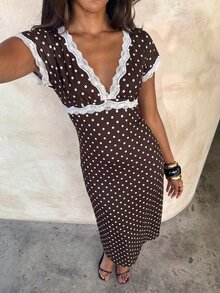 Aloruh Women's Autumn/Winter Polka Dot Print Lace Patchwork Extra Long A-Line Dress - Brown - View 8