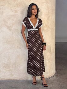 Aloruh Women's Autumn/Winter Polka Dot Print Lace Patchwork Extra Long A-Line Dress - Brown - View 6