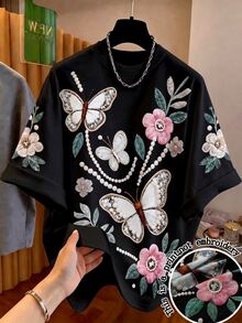 Franclia 大码女式百搭蝴蝶花朵印花圆领短袖T恤 - 黑色 - 查看 1