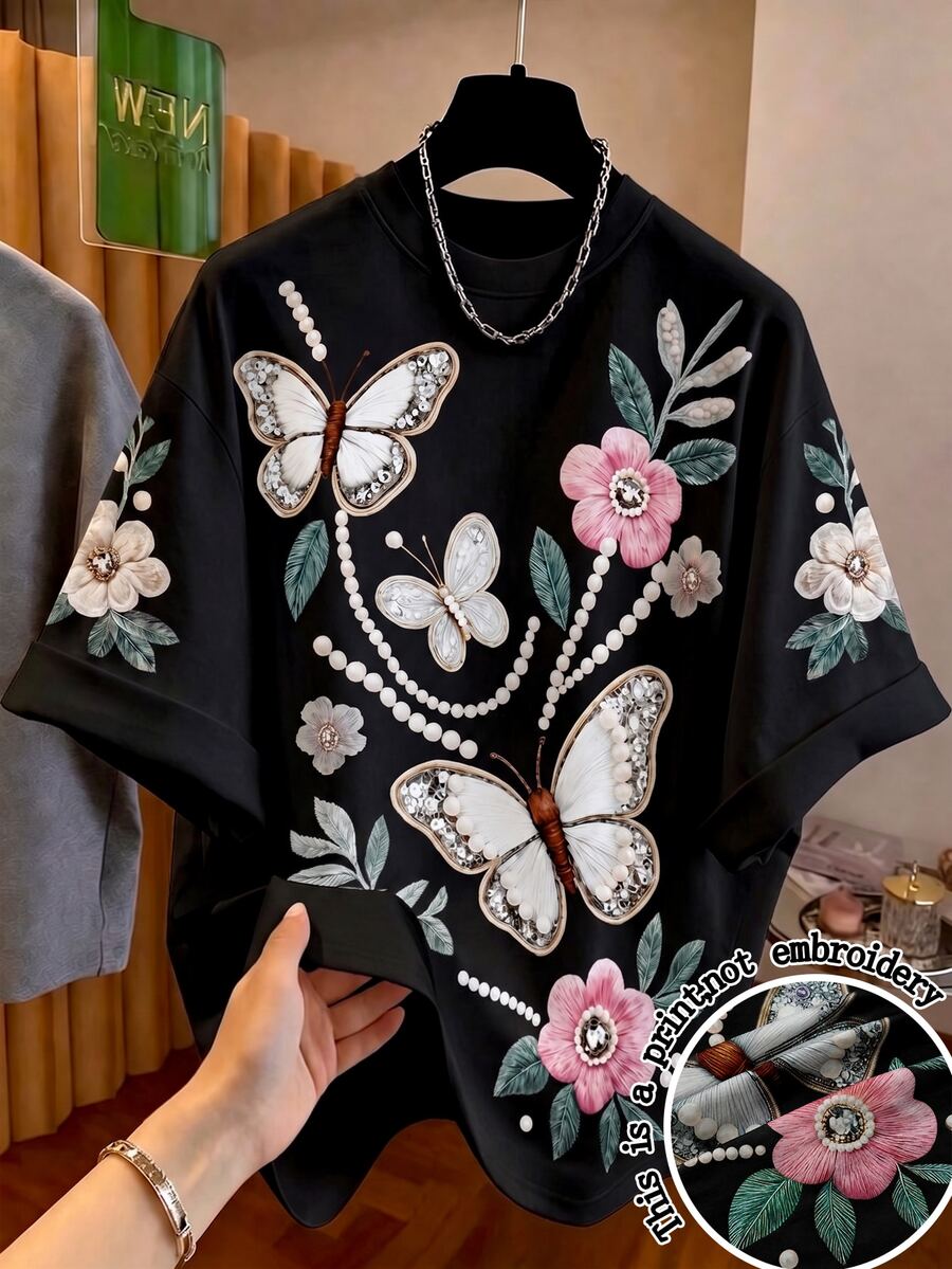 Franclia 大码女式百搭蝴蝶花朵印花圆领短袖T恤 - 黑色 - 查看 1