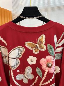 Franclia 大码女式优雅蝴蝶花卉刺绣仿珍珠装饰宽松T恤，度假风 - 酒紅色 - 查看 4