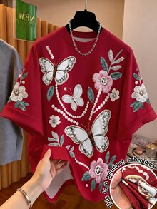 Franclia 大码女式优雅蝴蝶花卉刺绣仿珍珠装饰宽松T恤，度假风 - 酒紅色 - 查看 1