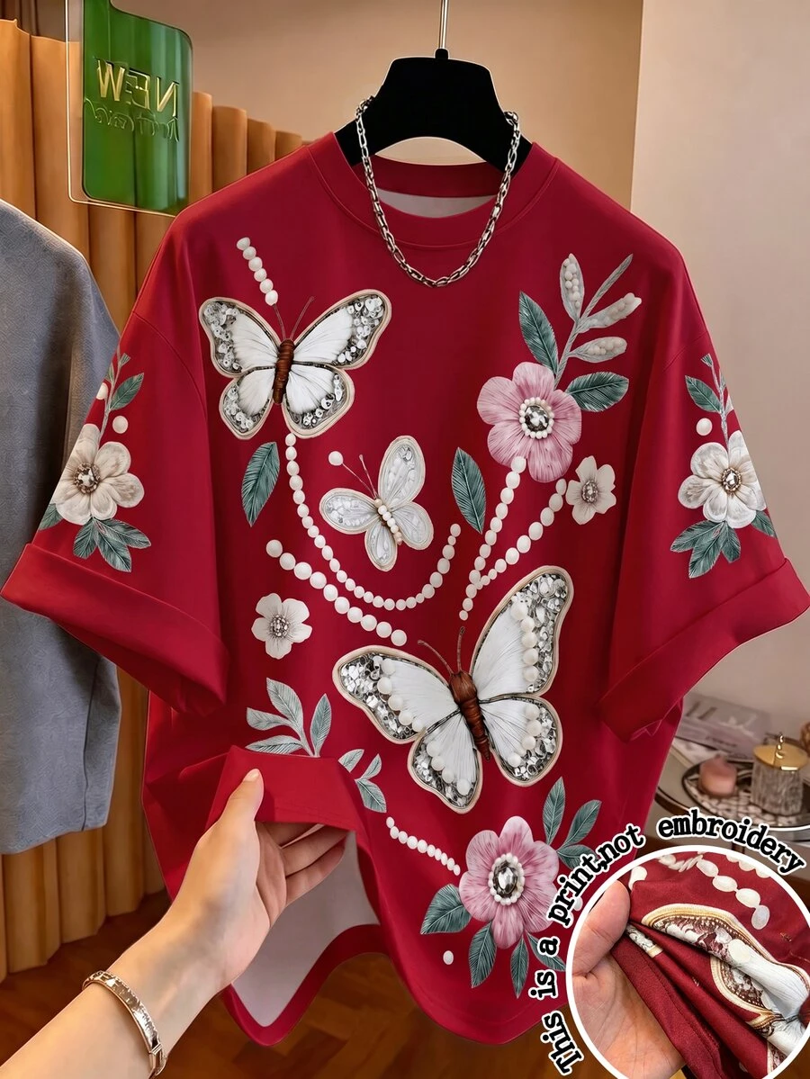 Franclia 大码女式优雅蝴蝶花卉刺绣仿珍珠装饰宽松T恤,度假风 - 酒紅色 - 查看 1