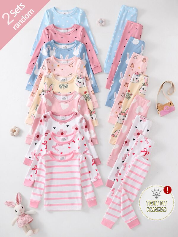 SHEIN [Random 9 Sets, 2 Sets Sent] Baby Girl Home Wear Tight-Fitting Pajama Set, Long Sleeve Long Pants, Rabbit Heart Bow Polka Dot Stripe Flower Cartoon Print, All Season, Home Or Outdoor Play, Soft Skin-Friendly Snug Fit