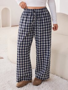 Solflare Plus Plaid Print Drawstring Waist Wide Leg Pants Autumn Vacation Office Lounge Formal Navy Blue Casual Soft Form Elegant Fall - Multicolor - View 5