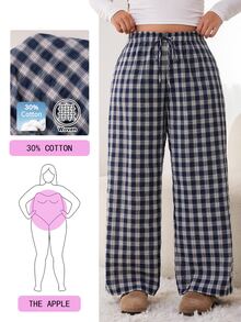 Solflare Plus Plaid Print Drawstring Waist Wide Leg Pants Autumn Vacation Office Lounge Formal Navy Blue Casual Soft Form Elegant Fall - Multicolor - View 1