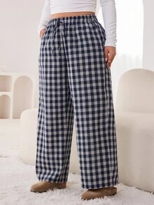 Solflare Plus Plaid Print Drawstring Waist Wide Leg Pants Autumn Vacation Office Lounge Formal Navy Blue Casual Soft Form Elegant Fall - Multicolor - View 3
